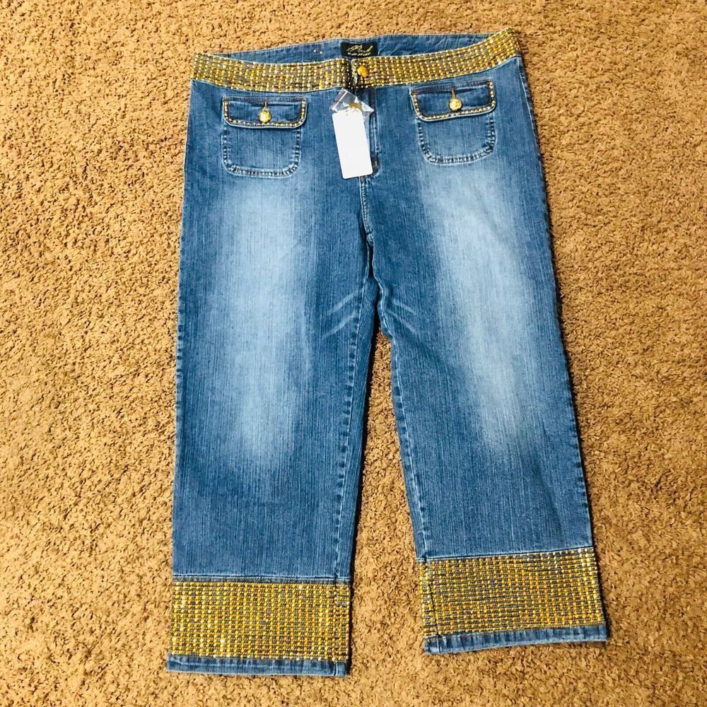 P. Plush Blue Denim Capri‎ Jeans Gold Rhinestone Embellished Cropped Pants US 23 - Picture 3 of 6